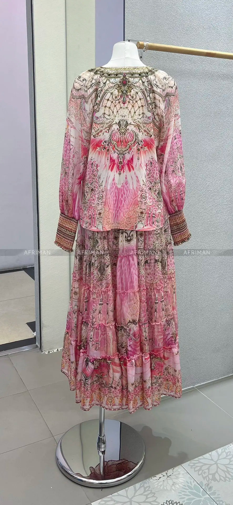 Designer Jeweled Silk Dress Silk Women V Neck Crystal Beaded Pink