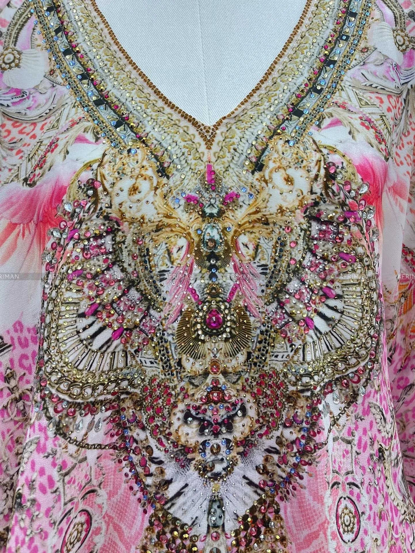 Designer Jeweled Silk Dress Silk Women V Neck Crystal Beaded Pink