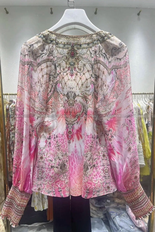Designer Jeweled Silk Dress Silk Women V Neck Crystal Beaded Pink