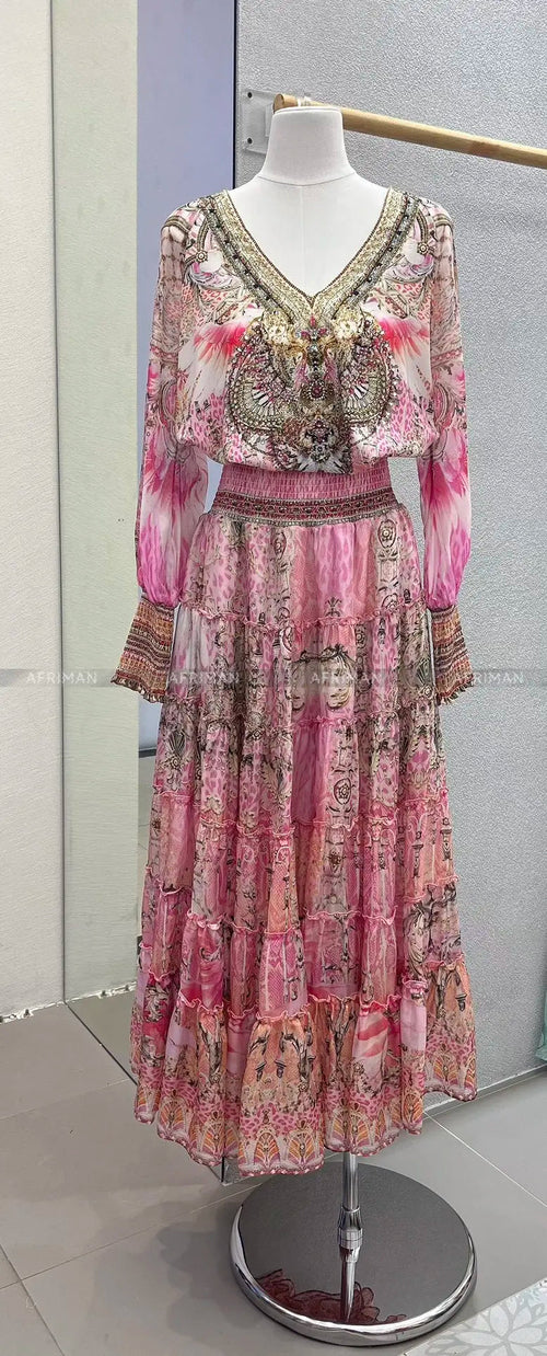 Designer Jeweled Silk Dress Silk Women V Neck Crystal Beaded Pink