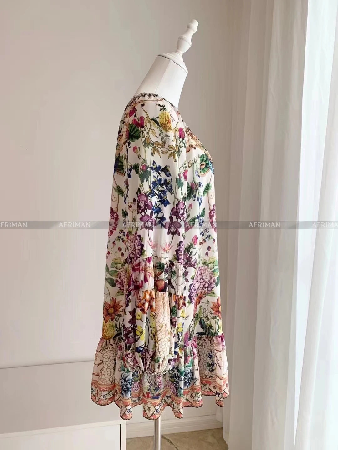 Women Retro Slash Collar Crystal Beaded Floral Print Flare Sleeve 100%