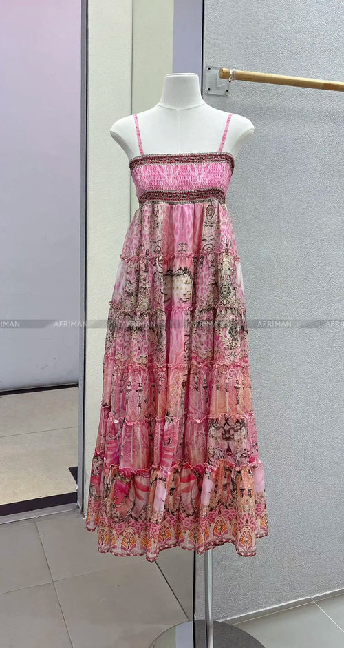 Designer Jeweled Silk Dress Silk Women V Neck Crystal Beaded Pink
