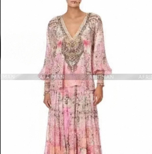 Designer Jeweled Silk Dress Silk Women V Neck Crystal Beaded Pink