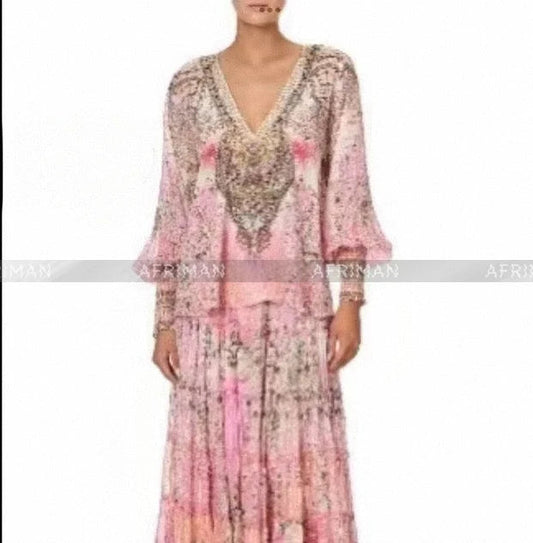 Designer Jeweled Silk Dress Silk Women V Neck Crystal Beaded Pink